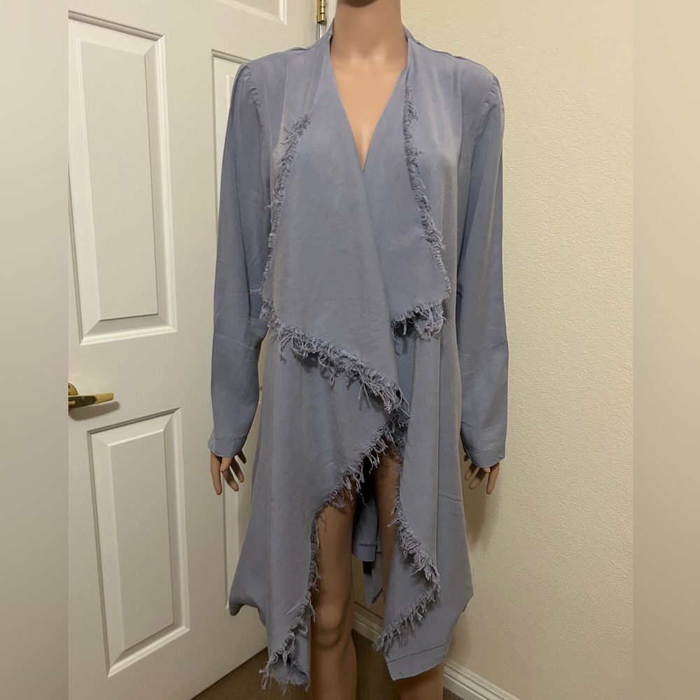 Elian Rose Size L light blue long sleeve draped front & frayed edges trench coat